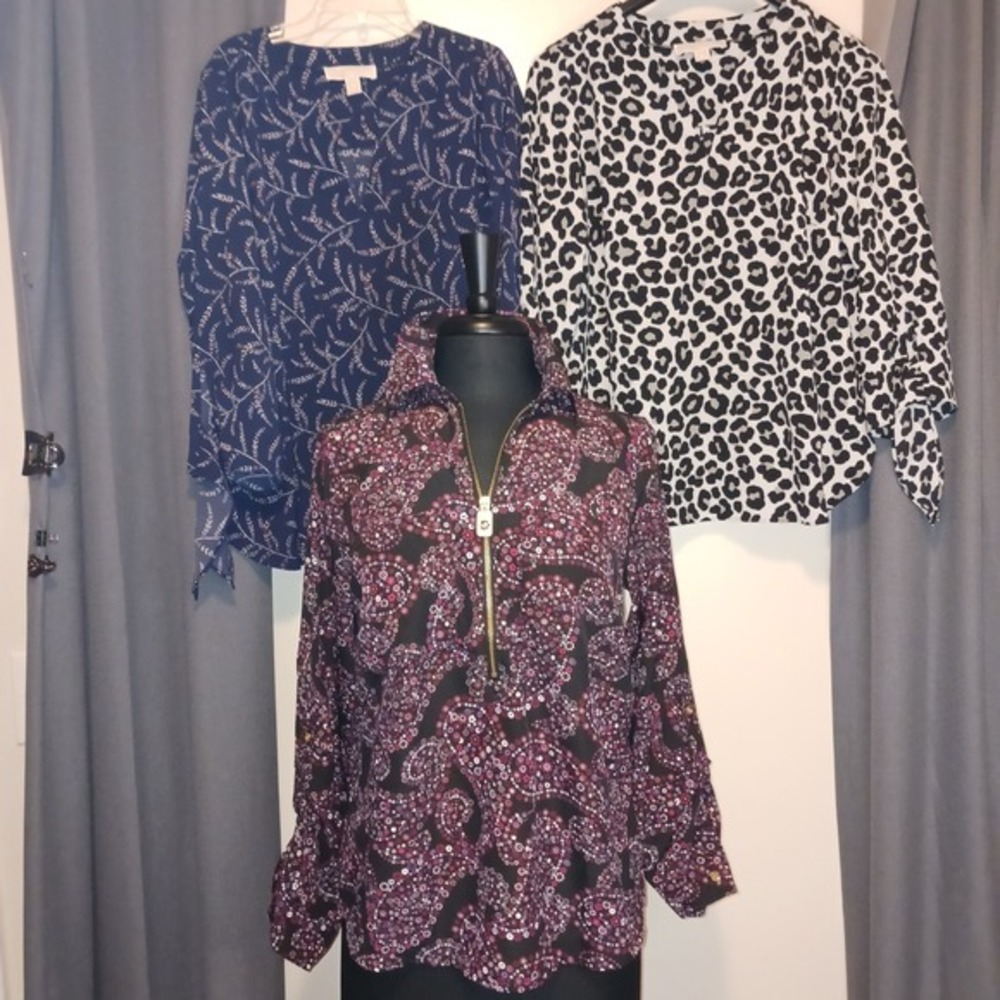 3 MICHAELβ KORS Tops Black Purple Paisley Animal Blouse Zip Long Sleeve Shirt M